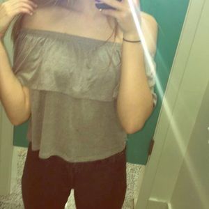 off the shoulder grey blouse